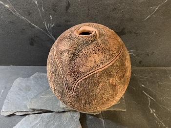 'Textured Red Vessel 2,' Low fired red clay, 9 inch diameter, by Kay Franz