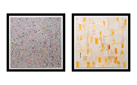 'Looking for Answers Concealed with Elegant Diction' (Diptych), by Jonathan Lee, 2020, Mixed media (endpapers, date due slips, card pockets, ink, adhesive, and pva on board), 28x28 inches (each piece)