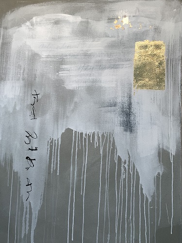 'only when they spread their wings,' 2022, by Carol Meese. Acrylic, charcoal, ink, graphite, gold leaf on canvas, 48 x 36 inches.