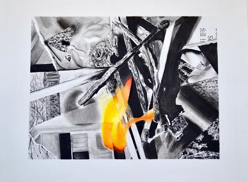'Untitled' by Janet Scagnelli, 2017, Charcoal, colored pencil, and ash from the burning of photos in the images, 18 x 24 inches