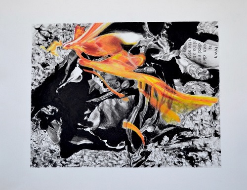 'Untitled' by Janet Scagnelli, 2017, Charcoal, colored pencil, and ash from the burning of photos in the images, 18 x 24 inches