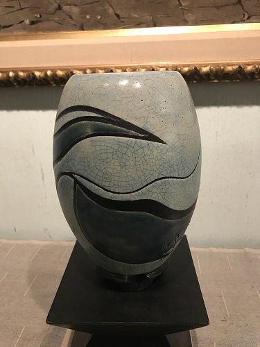 ''Egg' vase,' Wheel thrown and high fired with blue crackle and teal glazes.  Tape resist design.  10 inches ht. x 7 inches diam., by Joel Moses