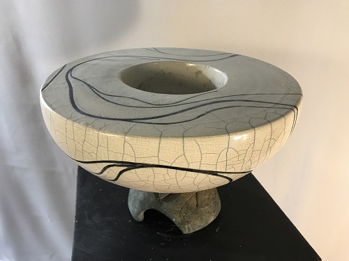 'Double walled bowl loose calligraphy series,' Wheel thrown and raku fired with white crackle glaze and tape resist design, 13 inches diam. x 8 inches ht., by Joel Moses