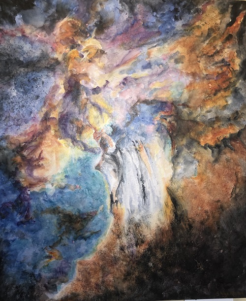'Lagoon nebula NGC6523' by Sandy Nye Moran, Watercolor on canvas, 20 x 24 inches