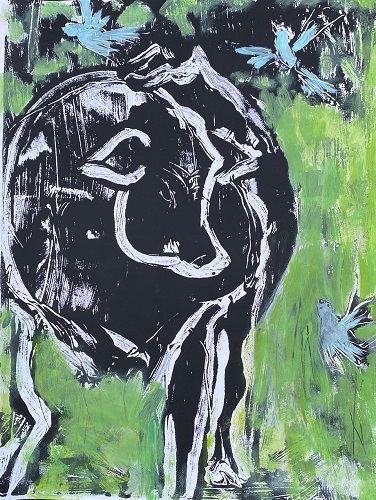 'Three Little Birds,' black gesso, acrylic on paper, 24x18 inches, by Susan Cary
